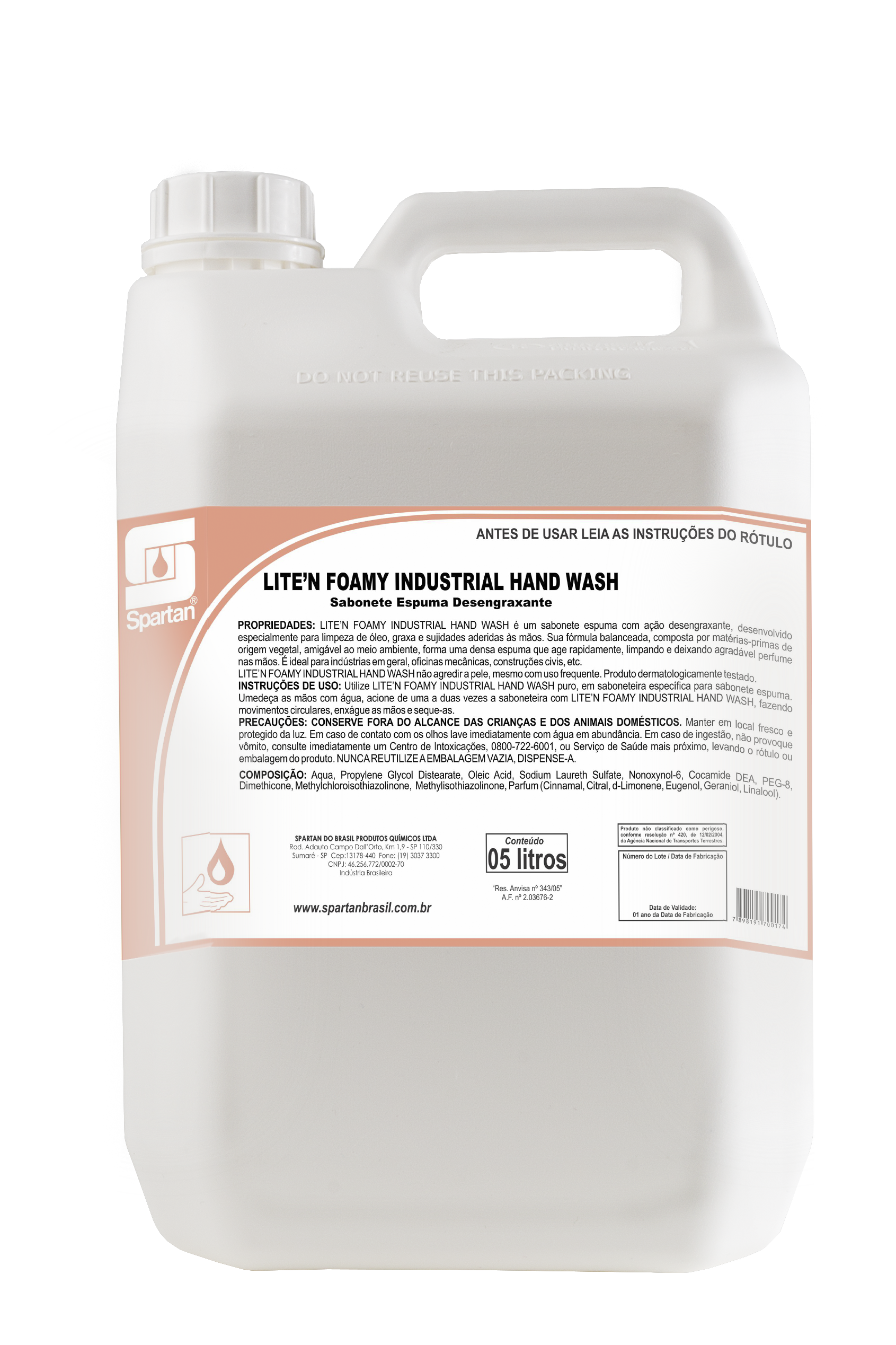 LITE’N FOAMY INDUSTRIAL HAND WASH - Sabonete de Espuma com Ação Desengraxante (Pronto Uso) - 5 litros